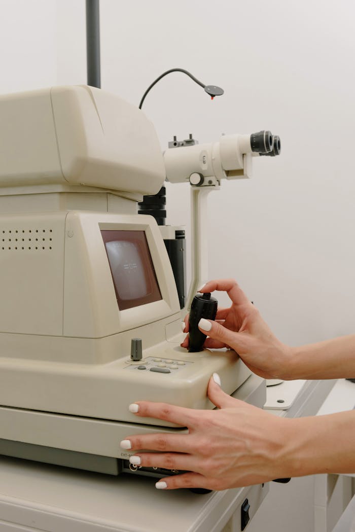 Close-up of hands operating ophthalmology equipment in a clinic.